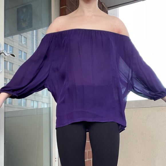 100% silk off the shoulder purple top. - Picture 2 of 3